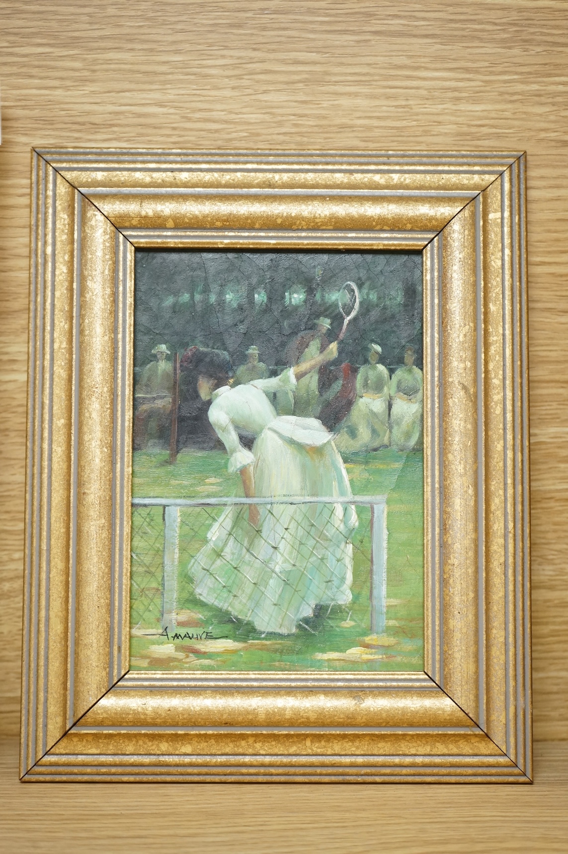 After Sir John Lavery RA (Irish, 1856-1941), oil on board, an Edwardian tennis player, copied from a section of a larger work, spuriously signed A. Mauve, 17 x 11cm